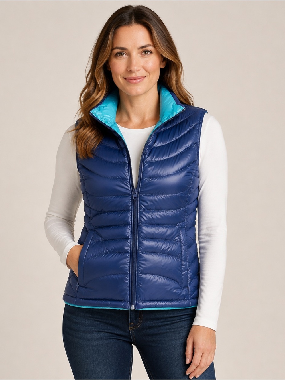 Bernardo blue Aqua Interior down feather pocketed puffer vest LARGE
